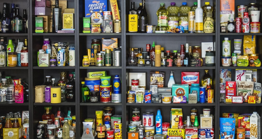 CPG packaging collection on shelves at Kaleidoscope studio, Chicago