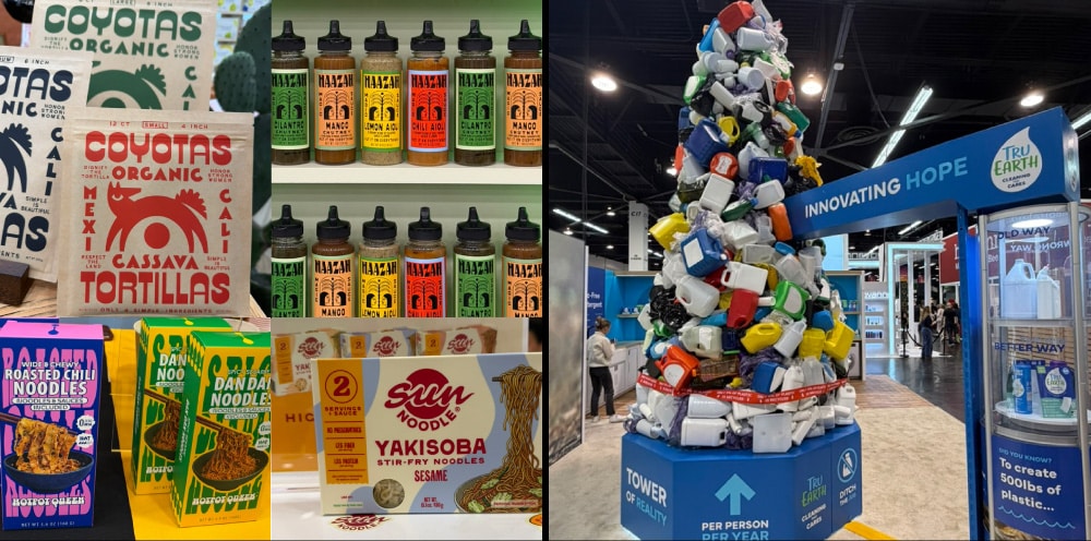 Global flavor CPG packaging and Tru Earth sustainability display at Expo West 2026 — Kaleidoscope