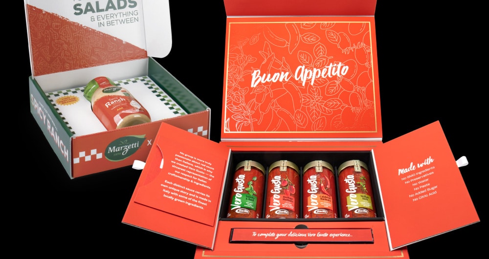 Custom influencer kit packaging for Marzetti and Barilla Vero Gusto featuring branded unboxing experience