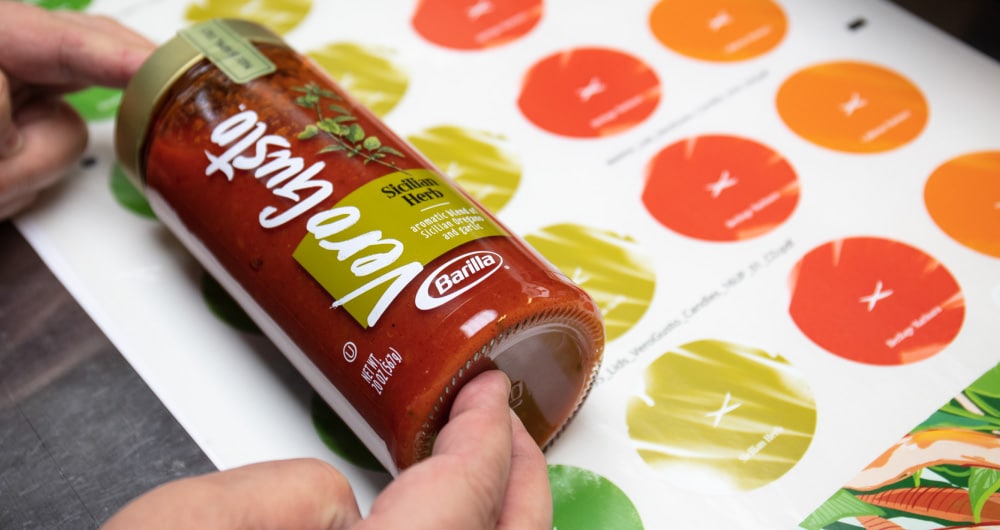 Barilla Vero Gusto packaging prototype with label color proofing at Kaleidoscope