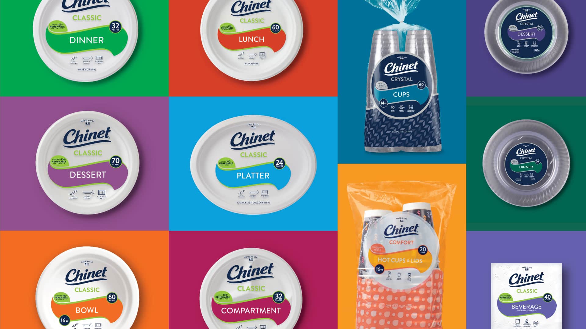 Chinet full packaging design portfolio showing Classic and Crystal product lines across colorful backgrounds by Kaleidoscope