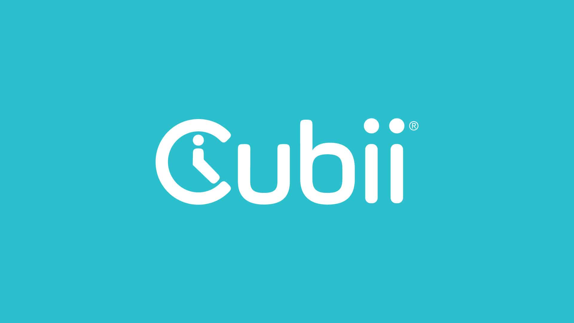 Cubii brand identity logo on teal background showing updated seated figure icon and wordmark by Kaleidoscope