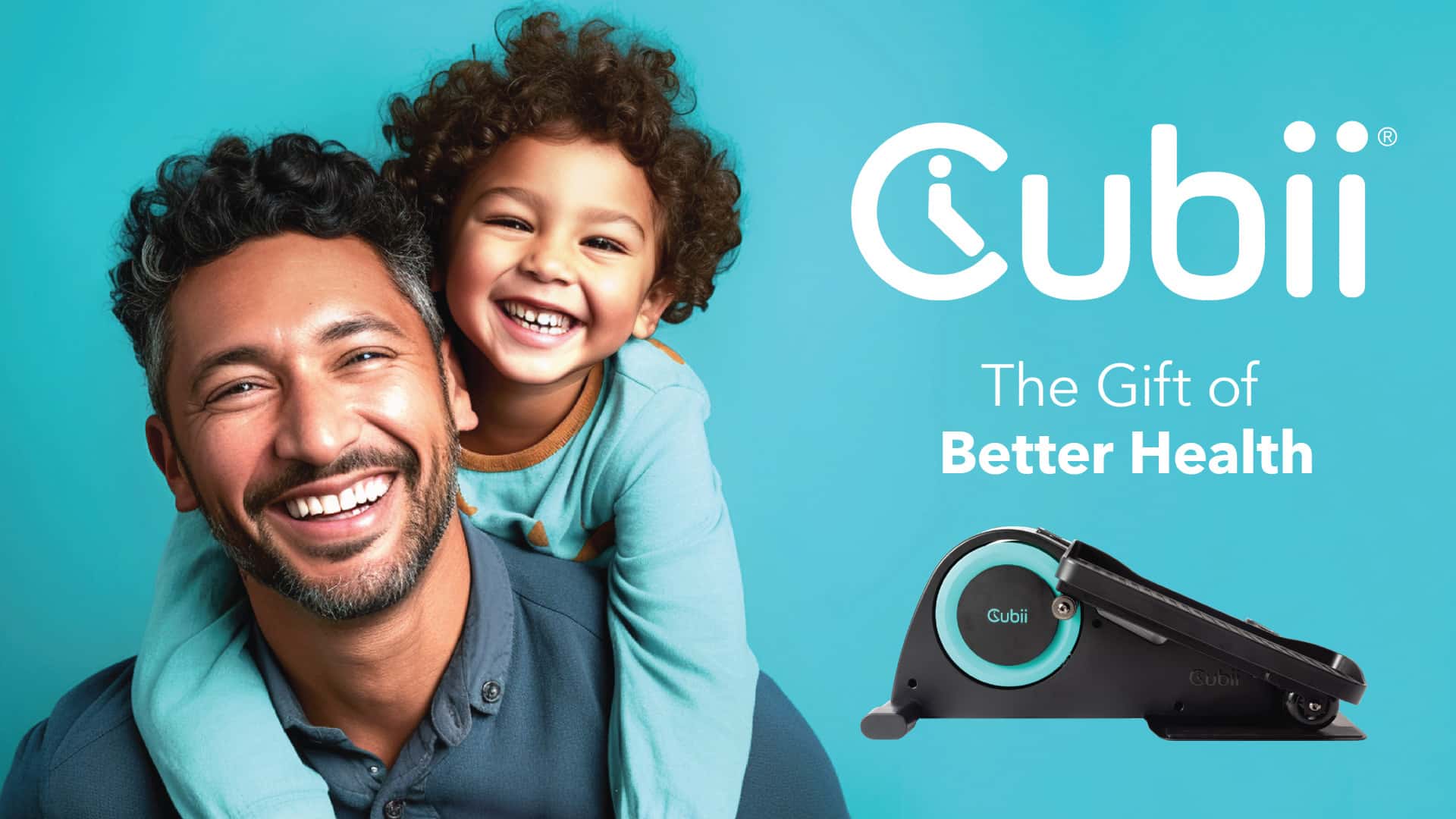 Cubii brand activation campaign showing father and child with seated elliptical product and Gift of Better Health messaging by Kaleidoscope
