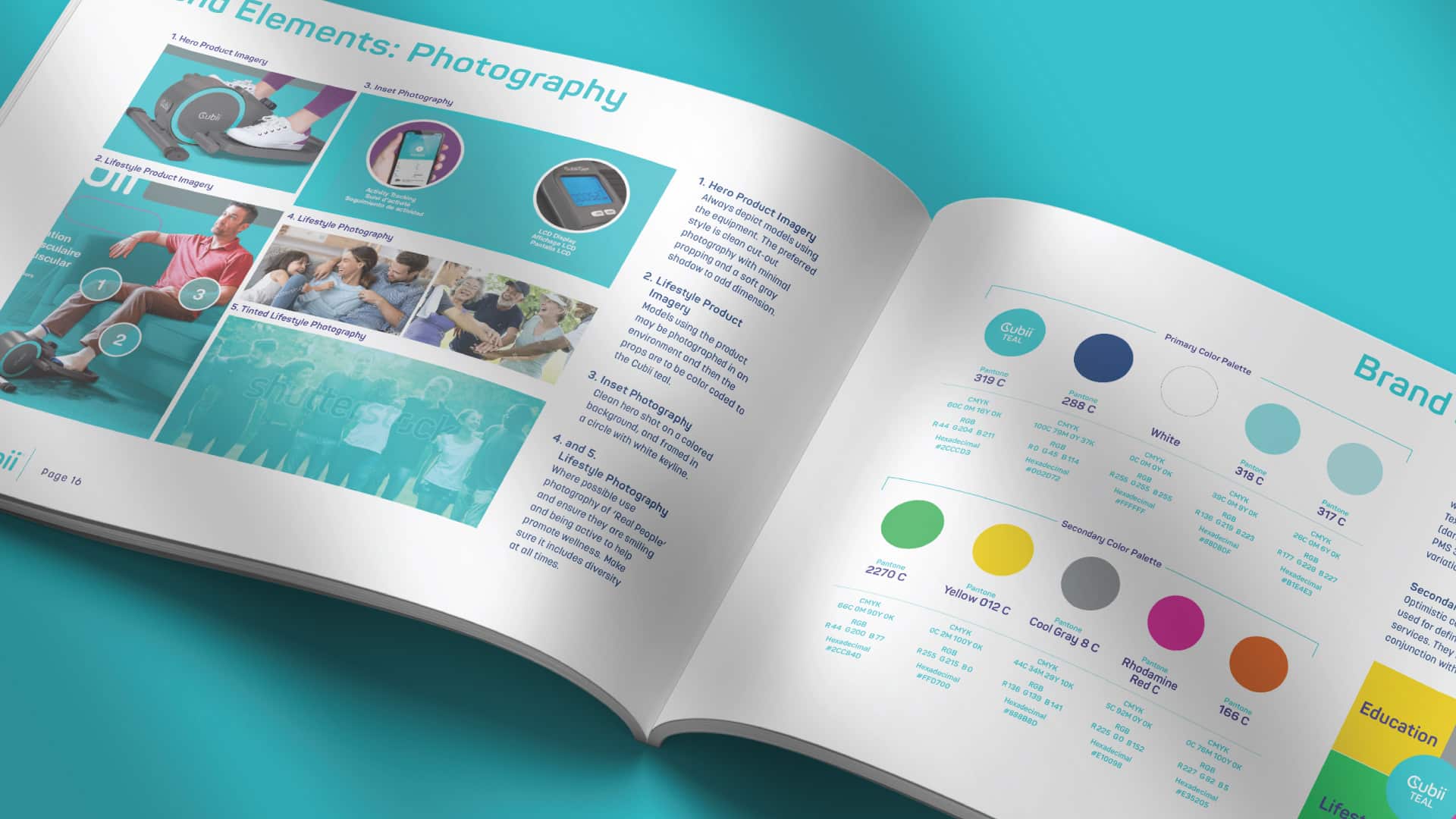 Cubii brand guidelines spread showing photography standards and primary and secondary color palette including Cubii Teal by Kaleidoscope
