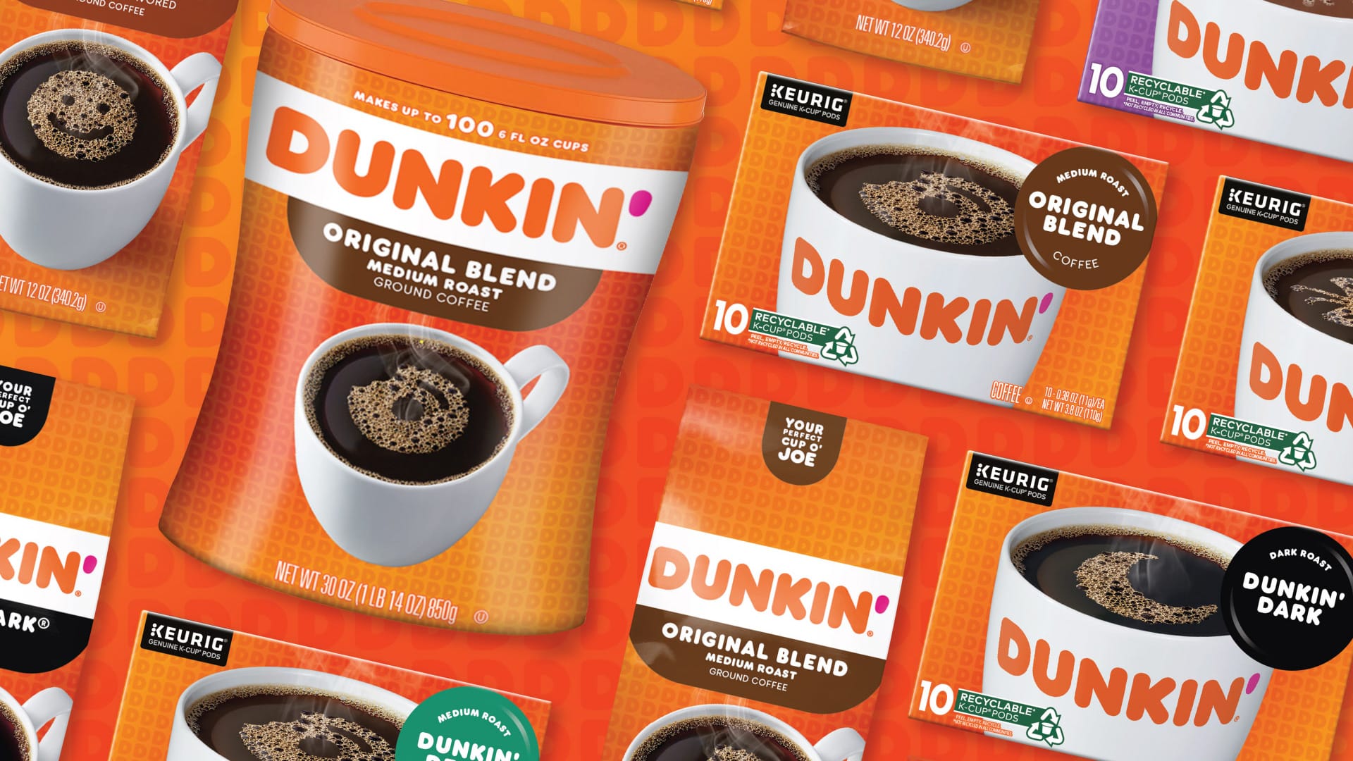 Dunkin packaging design portfolio showing Original Blend canister K-Cup boxes and ground coffee bags across orange branded background by Kaleidoscope