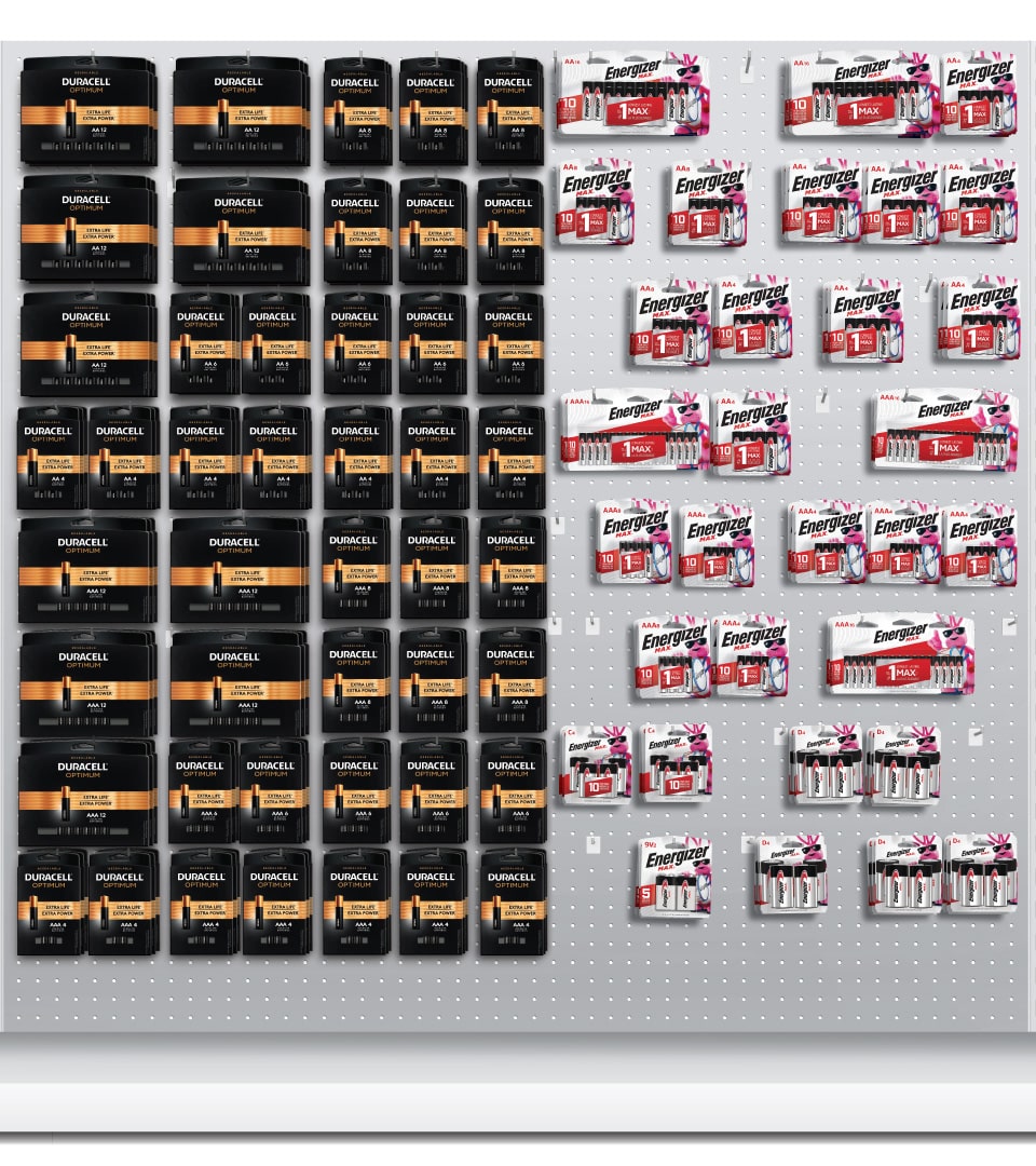 Duracell Optimum battery packaging retail shelf set showing brand blocking against Energizer by Kaleidoscope