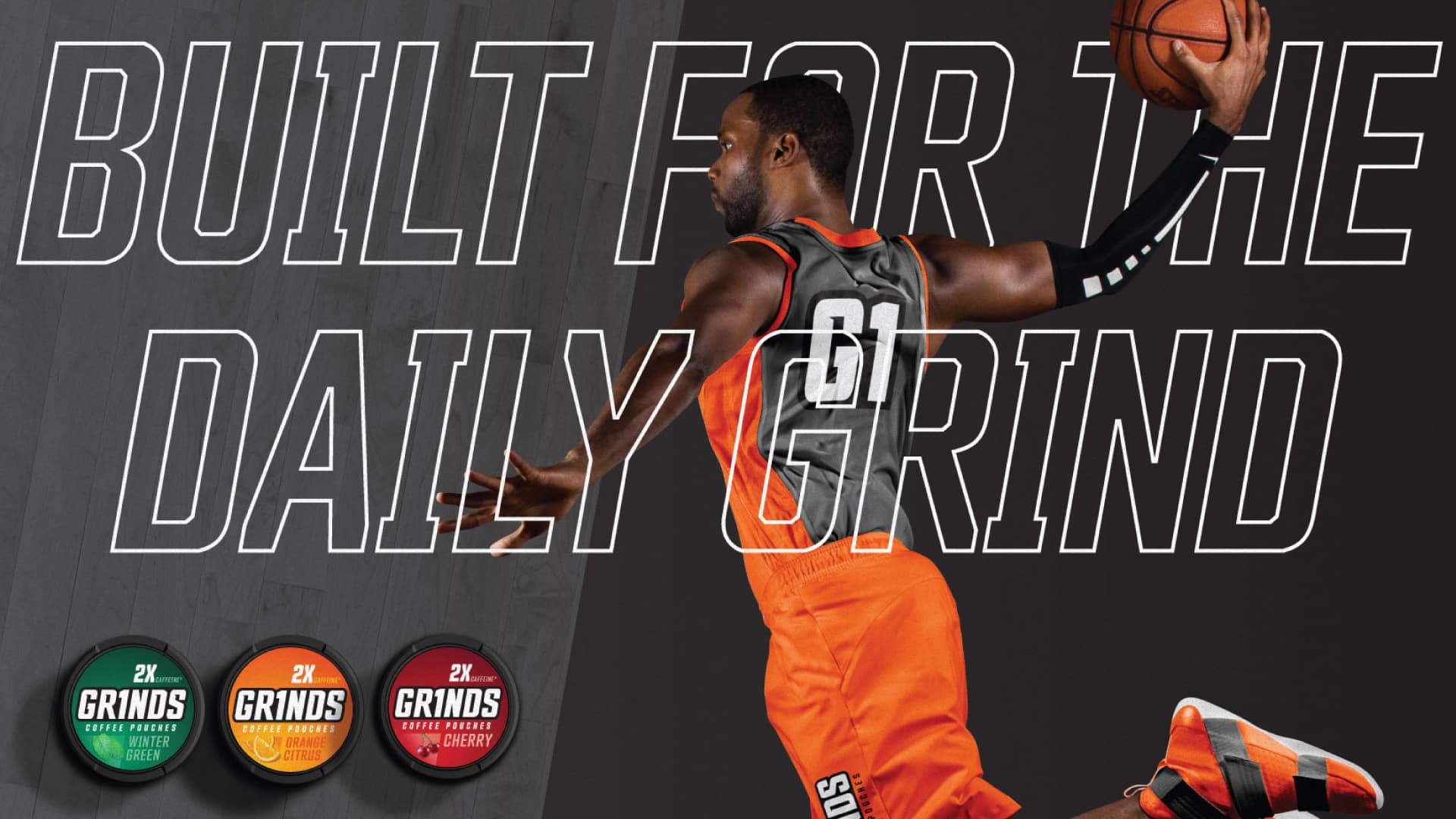 Grinds Coffee Pouches Built for the Daily Grind basketball brand activation showing updated packaging lineup by Kaleidoscope