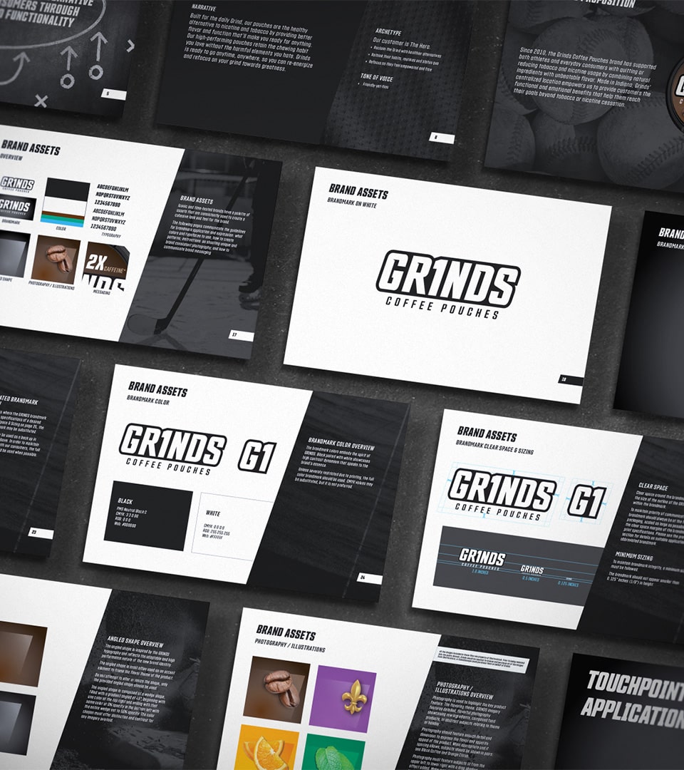 Grinds Coffee Pouches brand guidelines showing brandmark typography color and photography systems by Kaleidoscope