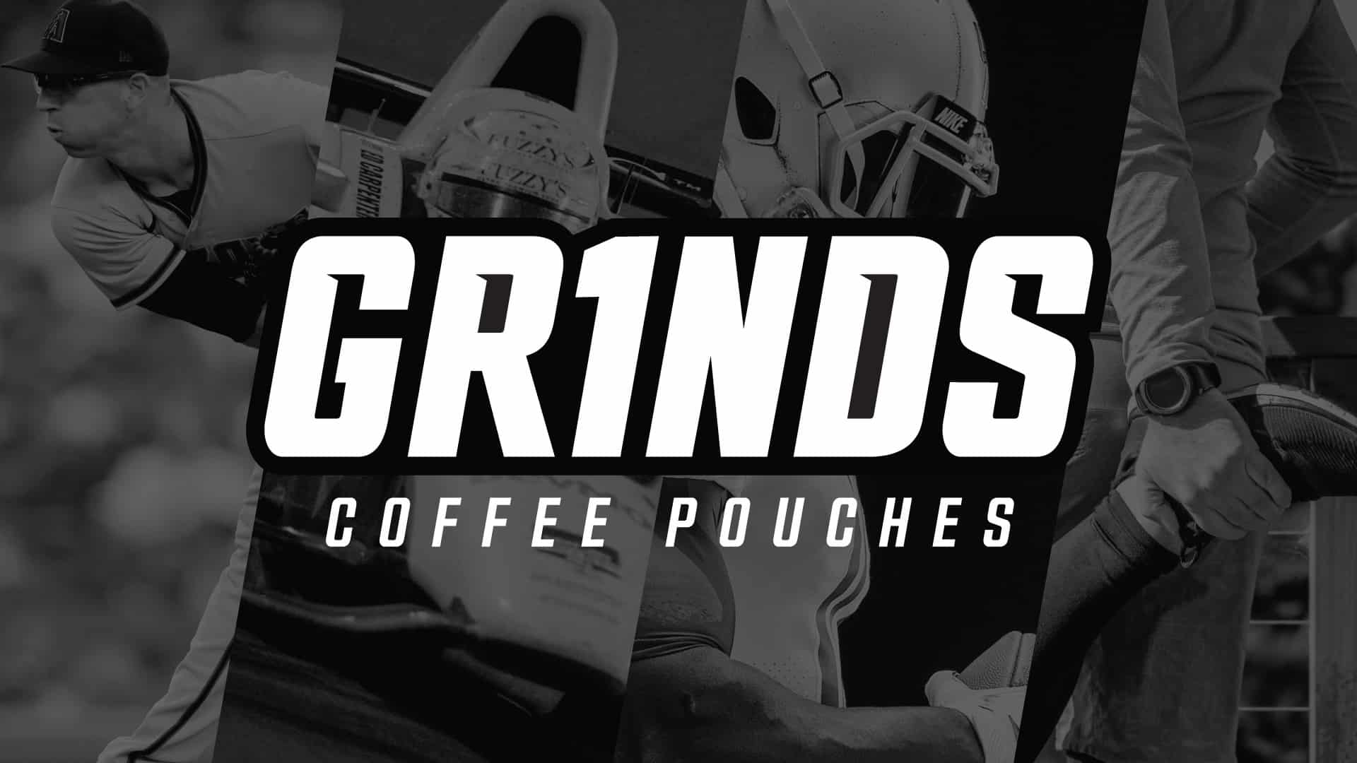 Grinds Coffee Pouches updated brand identity logo on athletic sports photography background by Kaleidoscope
