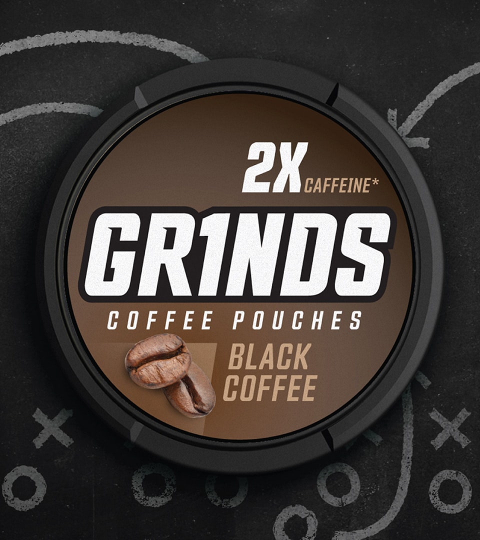 Grinds Coffee Pouches Black Coffee packaging design on chalkboard playbook background by Kaleidoscope