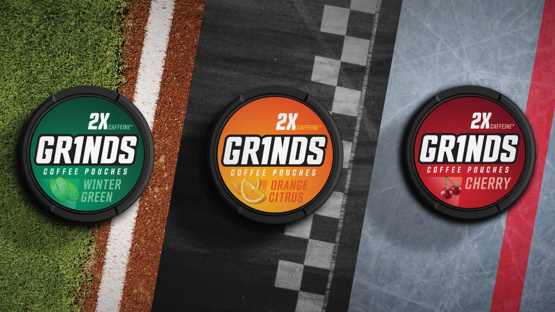 Grinds Coffee Pouches packaging design portfolio showing Winter Green Orange Citrus and Cherry flavors across multi-sport backgrounds by Kaleidoscope