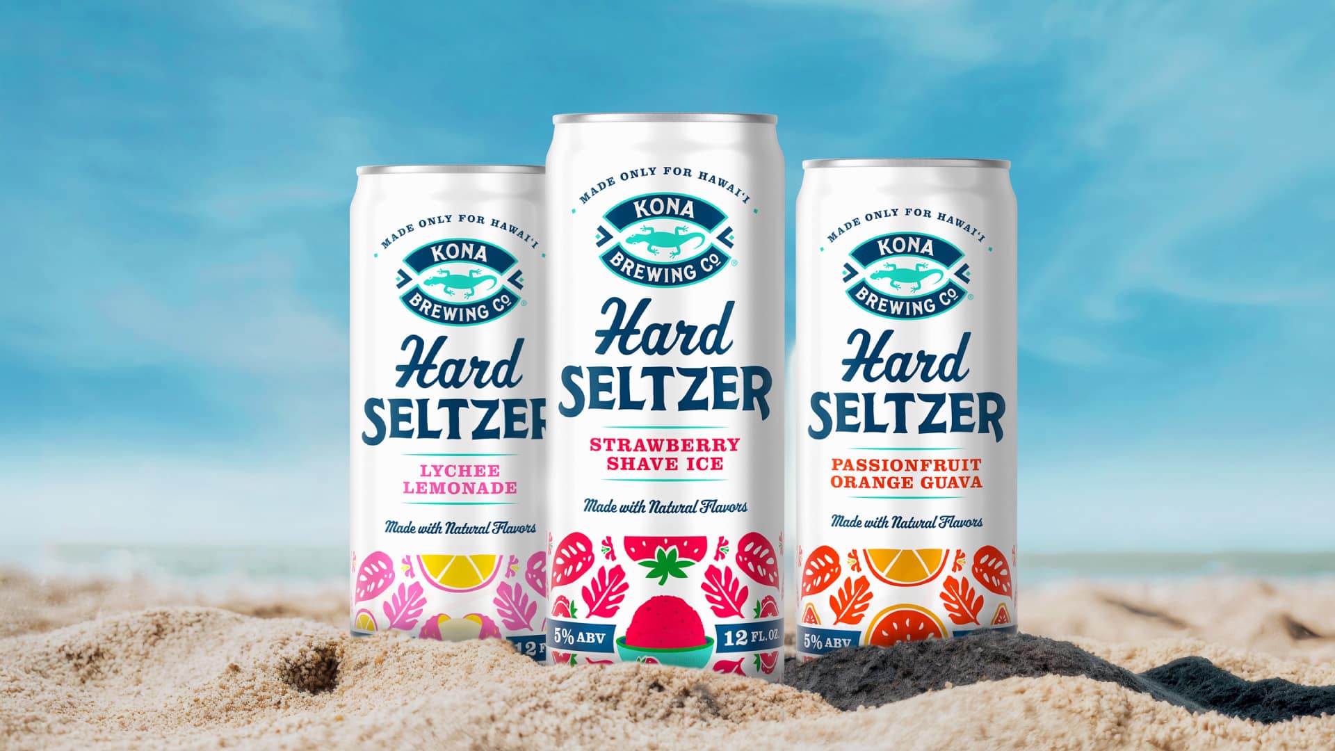 Kona Brewing Hard Seltzer full lineup — Lychee Lemonade, Strawberry Shave Ice, and Passionfruit Orange Guava — can packaging design by Kaleidoscope