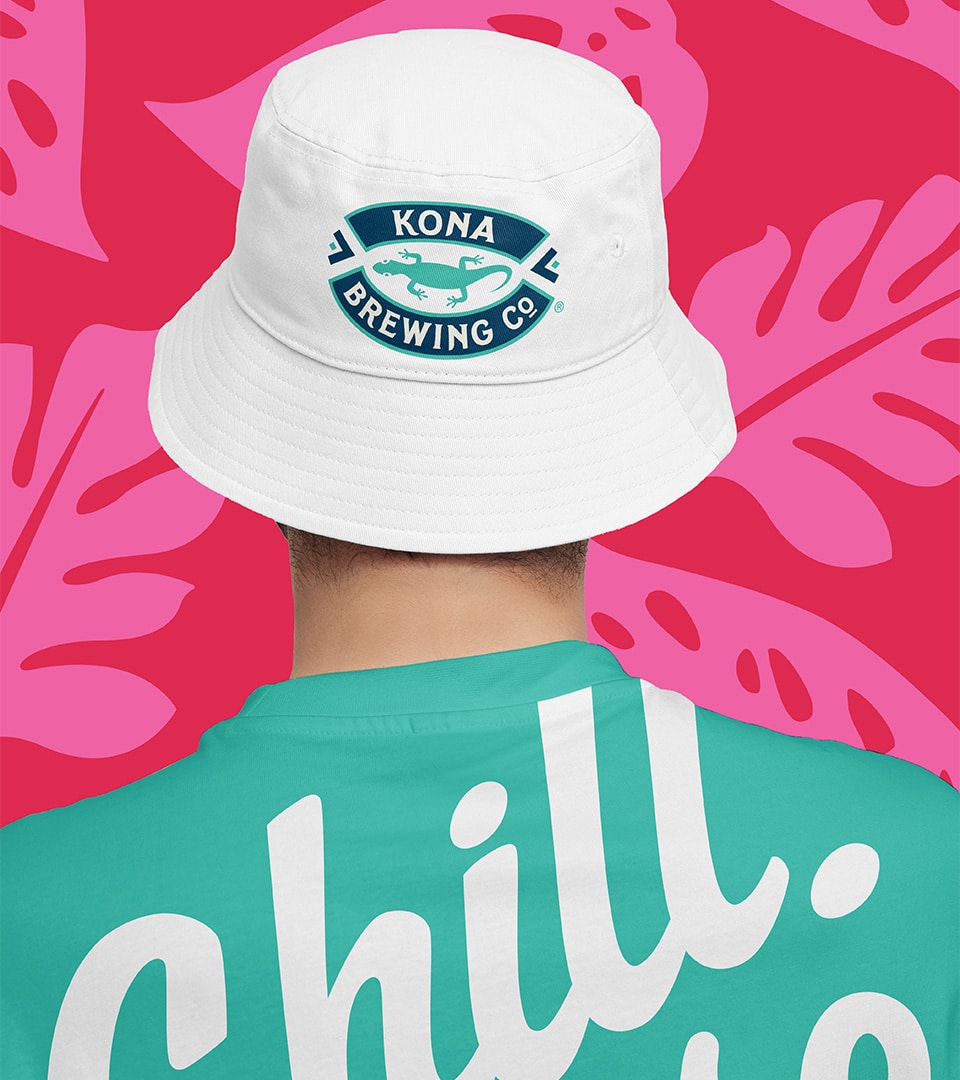 Kona Brewing bucket hat and apparel — brand extension design by Kaleidoscope