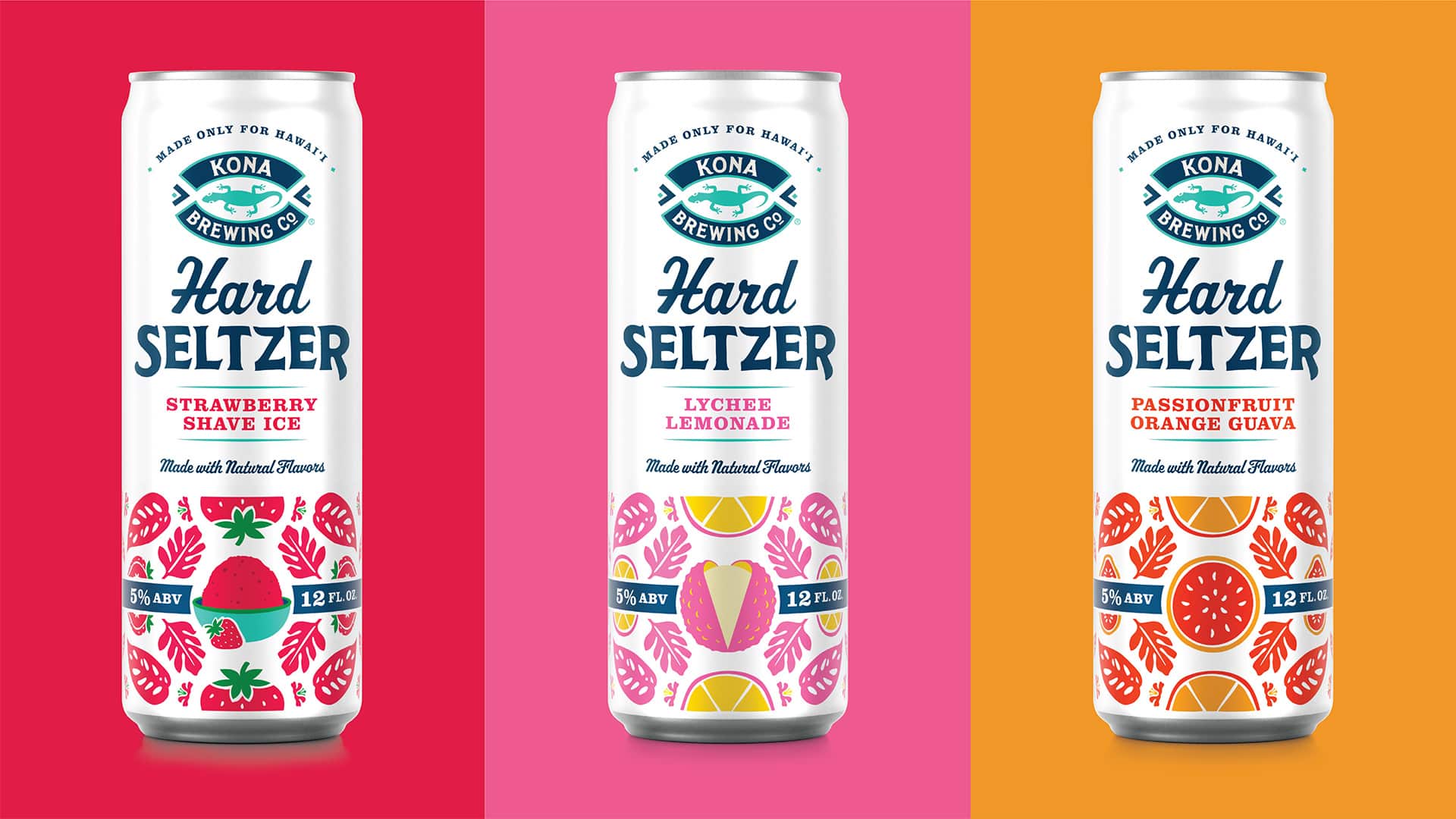 Kona Brewing Hard Seltzer three-SKU lineup — Strawberry Shave Ice, Lychee Lemonade, Passionfruit Orange Guava — packaging design by Kaleidoscope