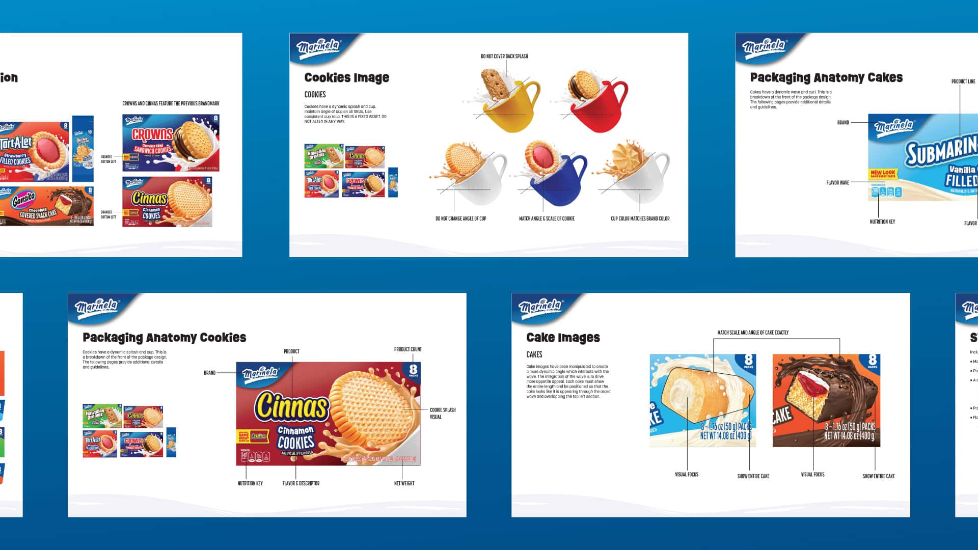 Marinela brand guidelines created by Kaleidoscope showing packaging anatomy, cookie and cake image standards, splash visuals, and layout specifications across product lines