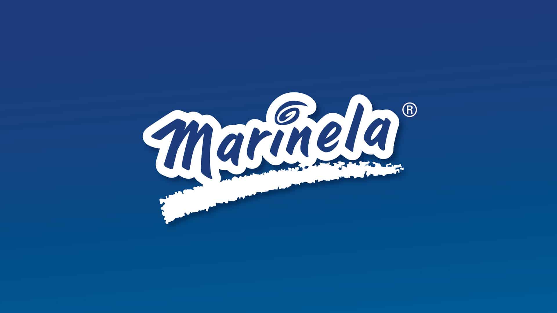 Marinela brand identity logo on deep blue background — white script wordmark with chalk-stroke underline, developed as part of Kaleidoscope's packaging redesign system