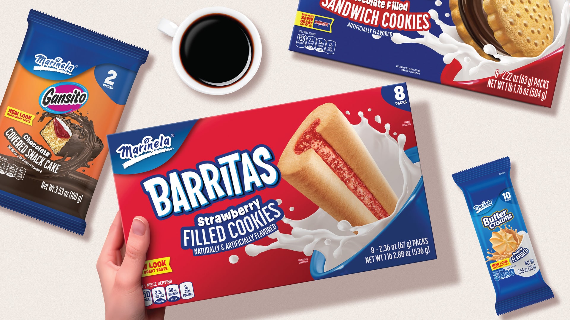 Marinela Barritas, Gansito, Crowns, and Butter Crowns packaging spread showing the full redesigned packaging across cookies and snack cakes