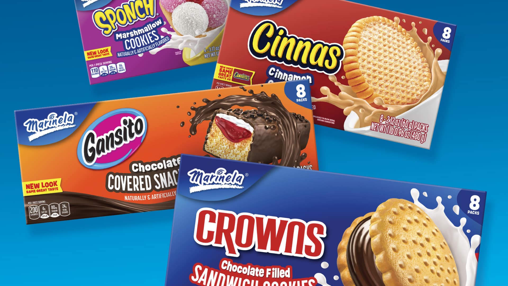 Marinela Sponch, Gansito, Cinnas, and Crowns packaging designs by Kaleidoscope — bold color-blocked layouts with dynamic product photography and updated brand architecture