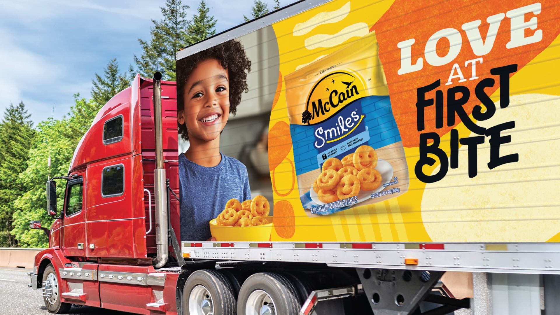 McCain Smiles frozen potato packaging featured on branded semi-truck brand activation by Kaleidoscope
