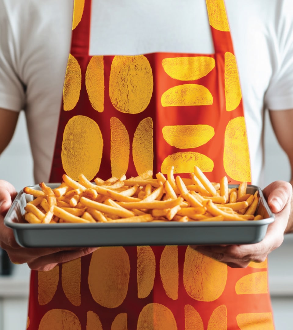 McCain brand world lifestyle photography — branded apron with fries on baking sheet by Kaleidoscope
