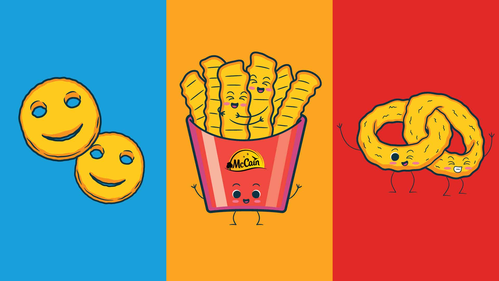 McCain frozen potato product character illustrations — Smiles, Fries, and Onion Rings by Kaleidoscope
