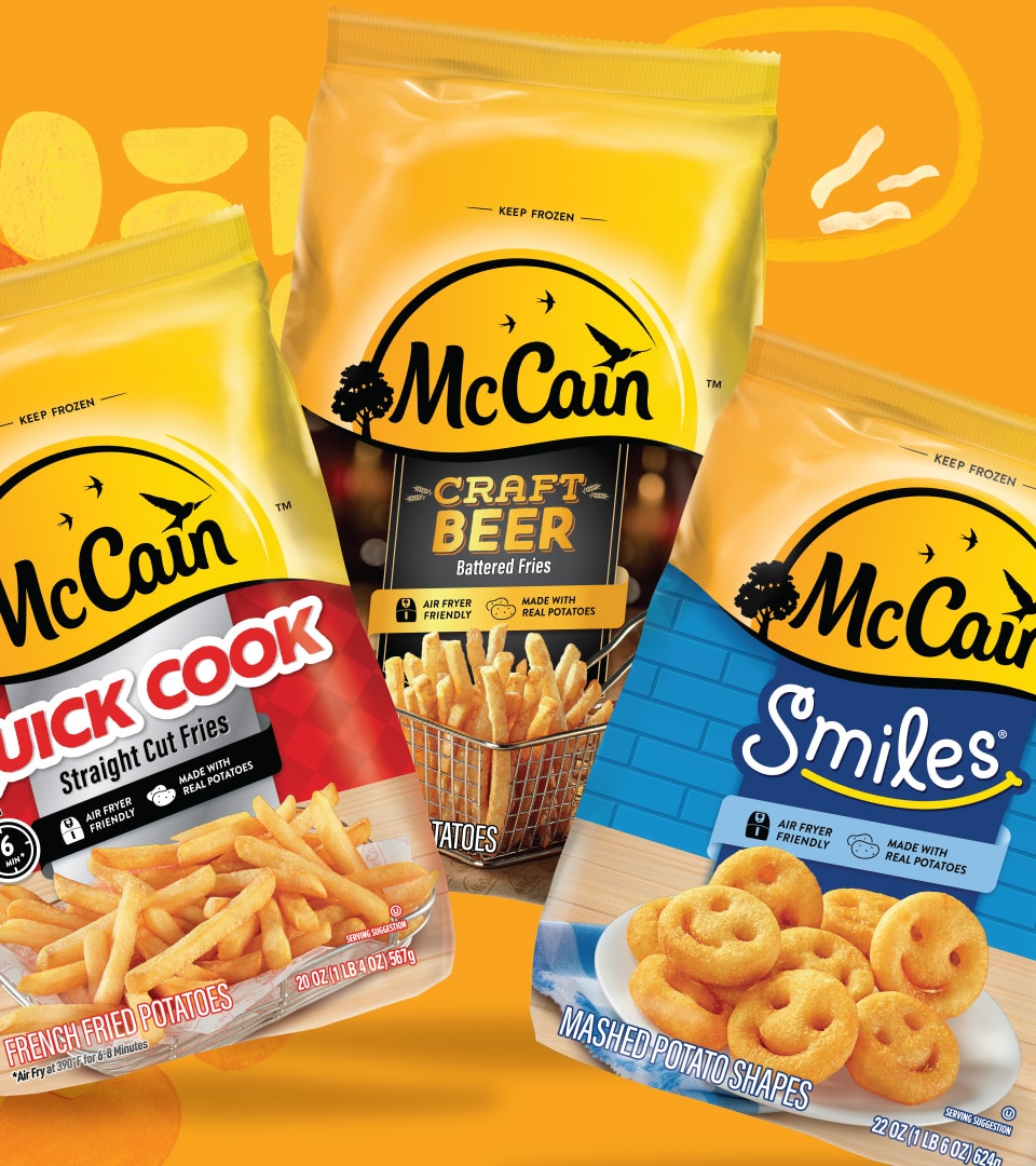 McCain Quick Cook Fries, Craft Beer Battered Fries, and Smiles packaging redesign by Kaleidoscope