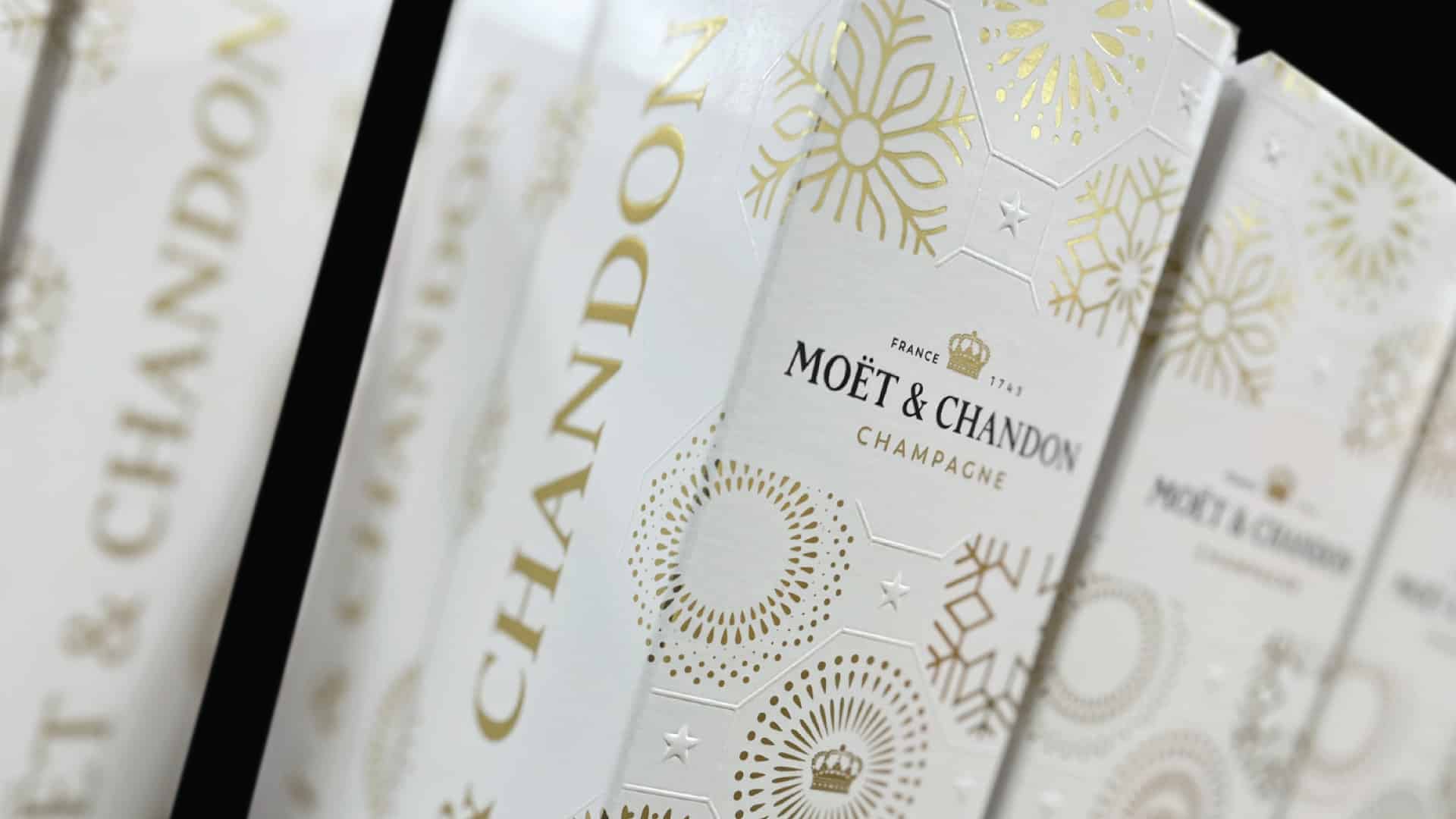 Moët & Chandon New Years Eve limited edition champagne gift box packaging with gold foil and embossing by Kaleidoscope