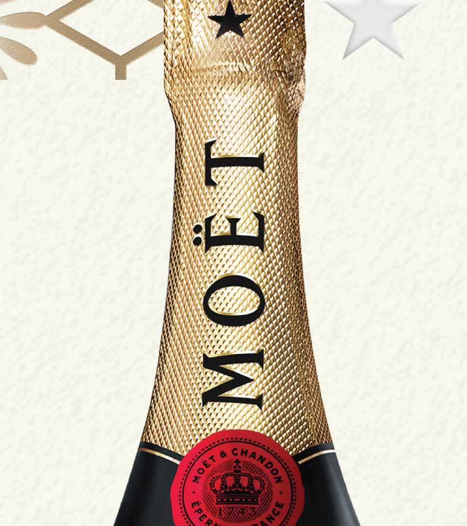 Moët & Chandon champagne bottle neck detail with gold foil packaging design by Kaleidoscope