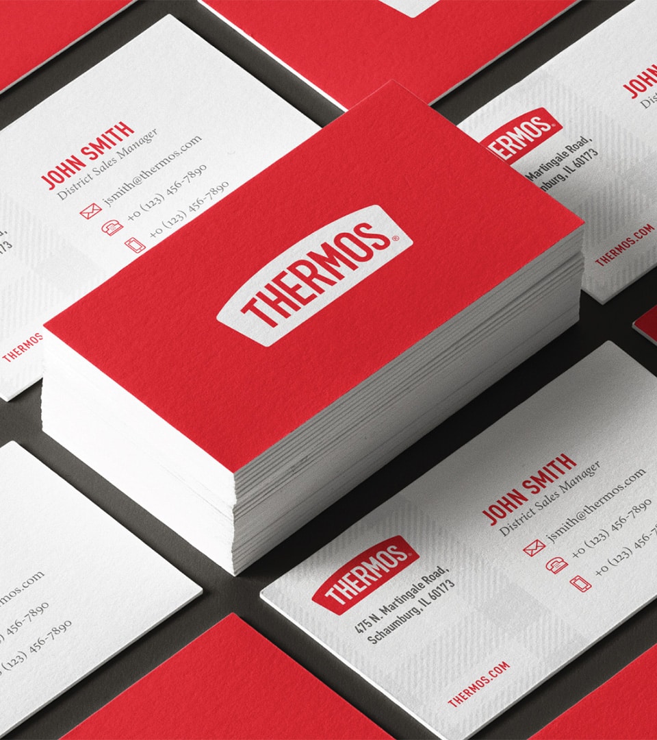 Thermos brand identity business cards designed by Kaleidoscope — red and white logo system with clean typographic layout