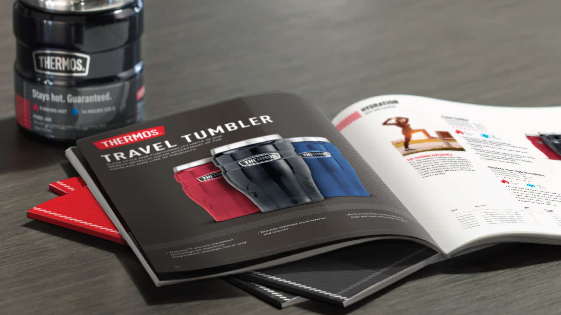 Thermos brand activation materials by Kaleidoscope — travel tumbler product catalog and food jar packaging with "Stays Hot. Guaranteed." messaging
