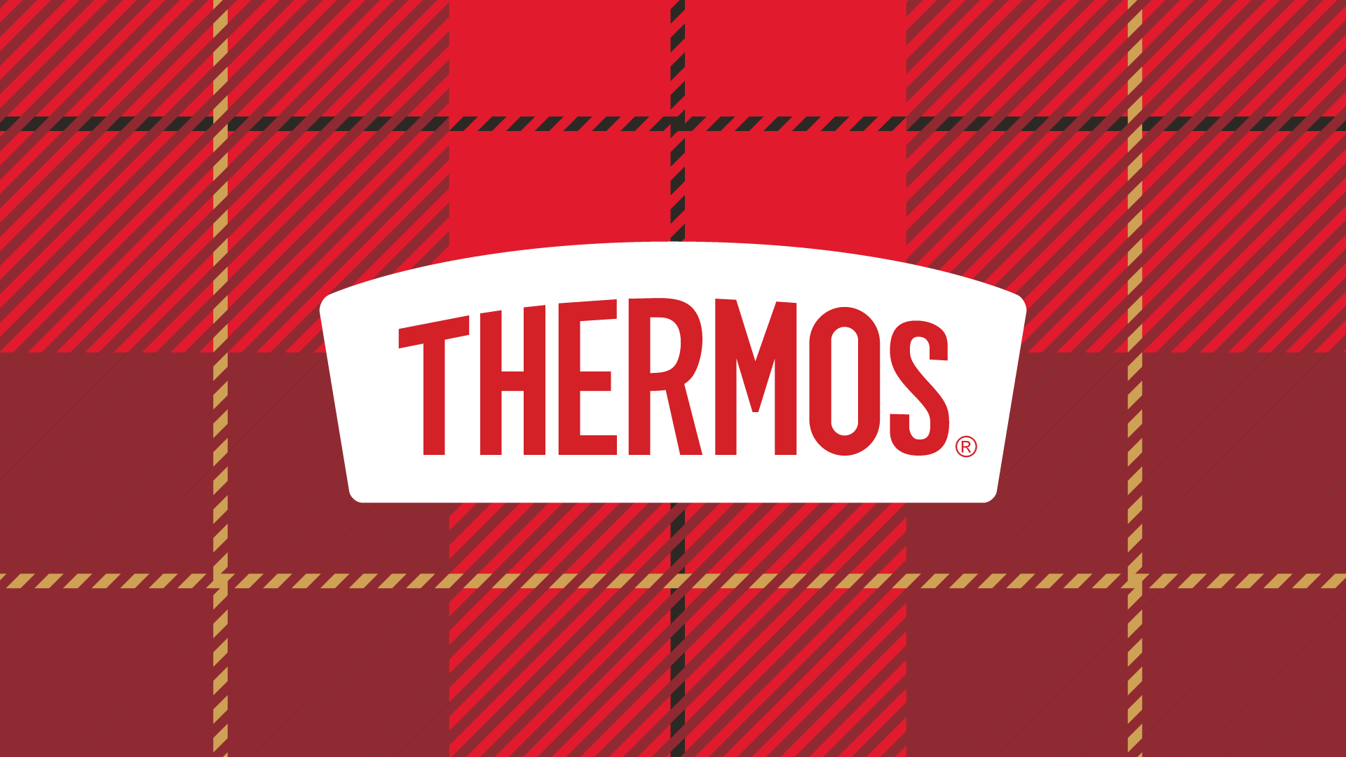 Thermos brand identity logo on red plaid heritage pattern — brand visual system developed by Kaleidoscope