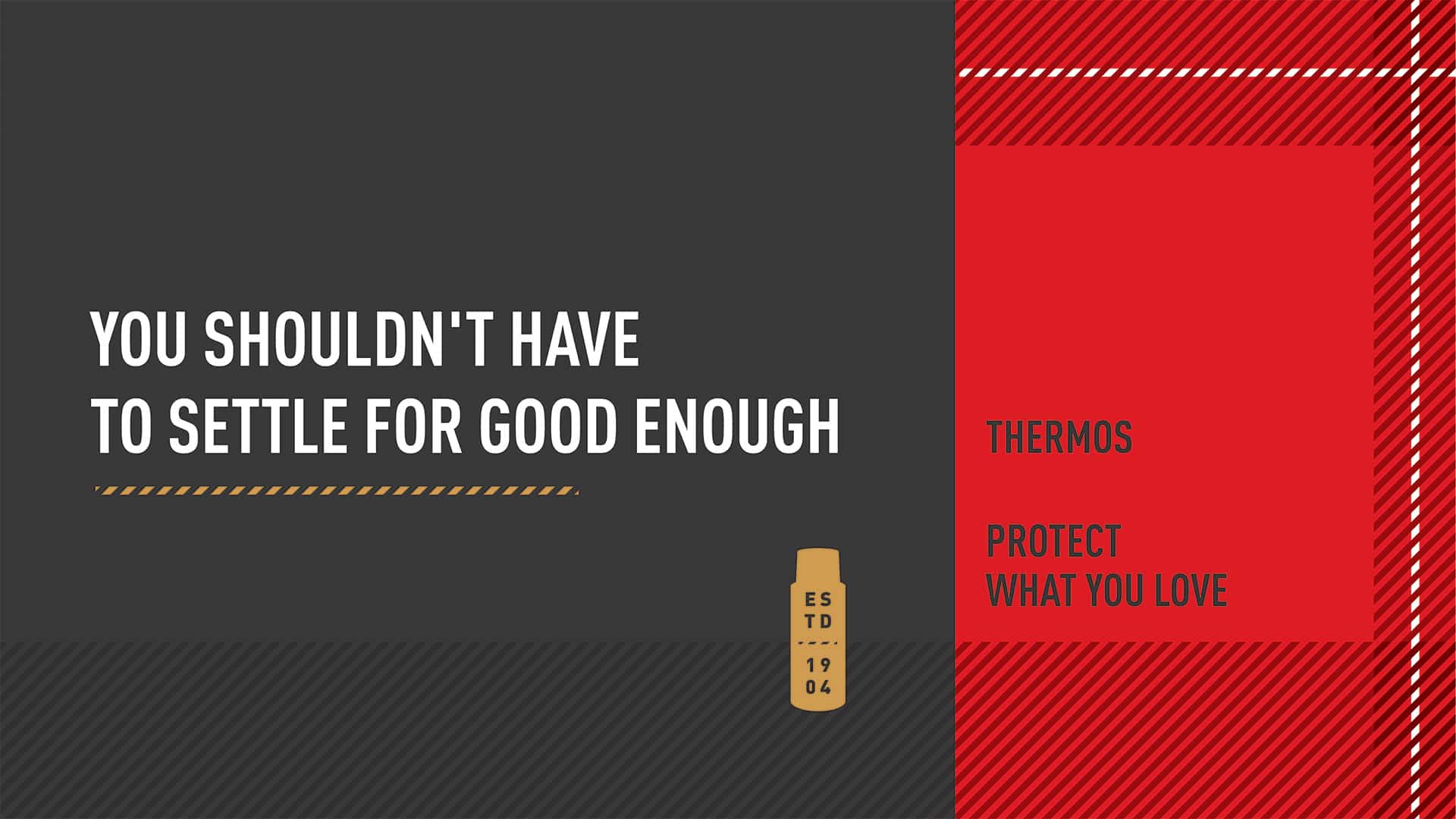 Thermos brand strategy slide by Kaleidoscope showing "Protect What You Love" brand purpose and "You Shouldn't Have to Settle for Good Enough" brand positioning