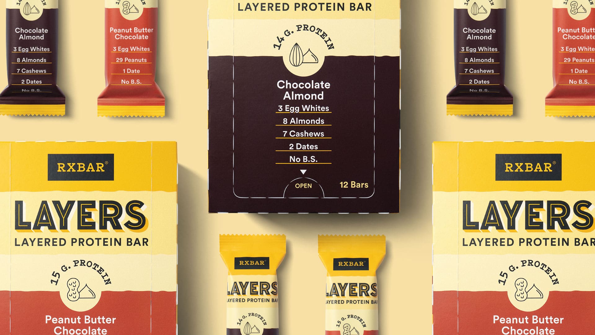RXBAR Layers Chocolate Almond and Peanut Butter Chocolate packaging design portfolio by Kaleidoscope