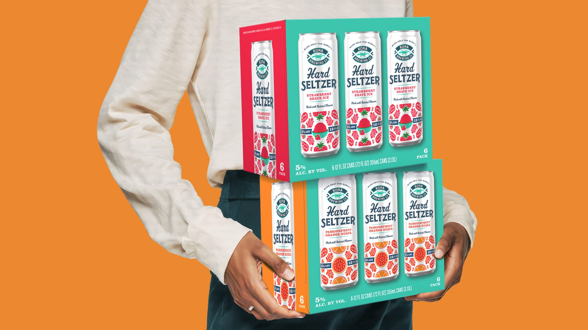 Kona Brewing Hard Seltzer six-pack carton packaging — Strawberry Shave Ice and Passionfruit Orange Guava — designed by Kaleidoscope