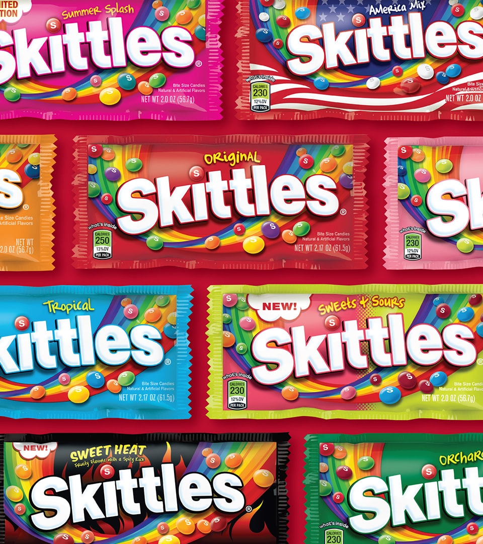 Skittles CPG packaging design adaptation and portfolio system by Kaleidoscope