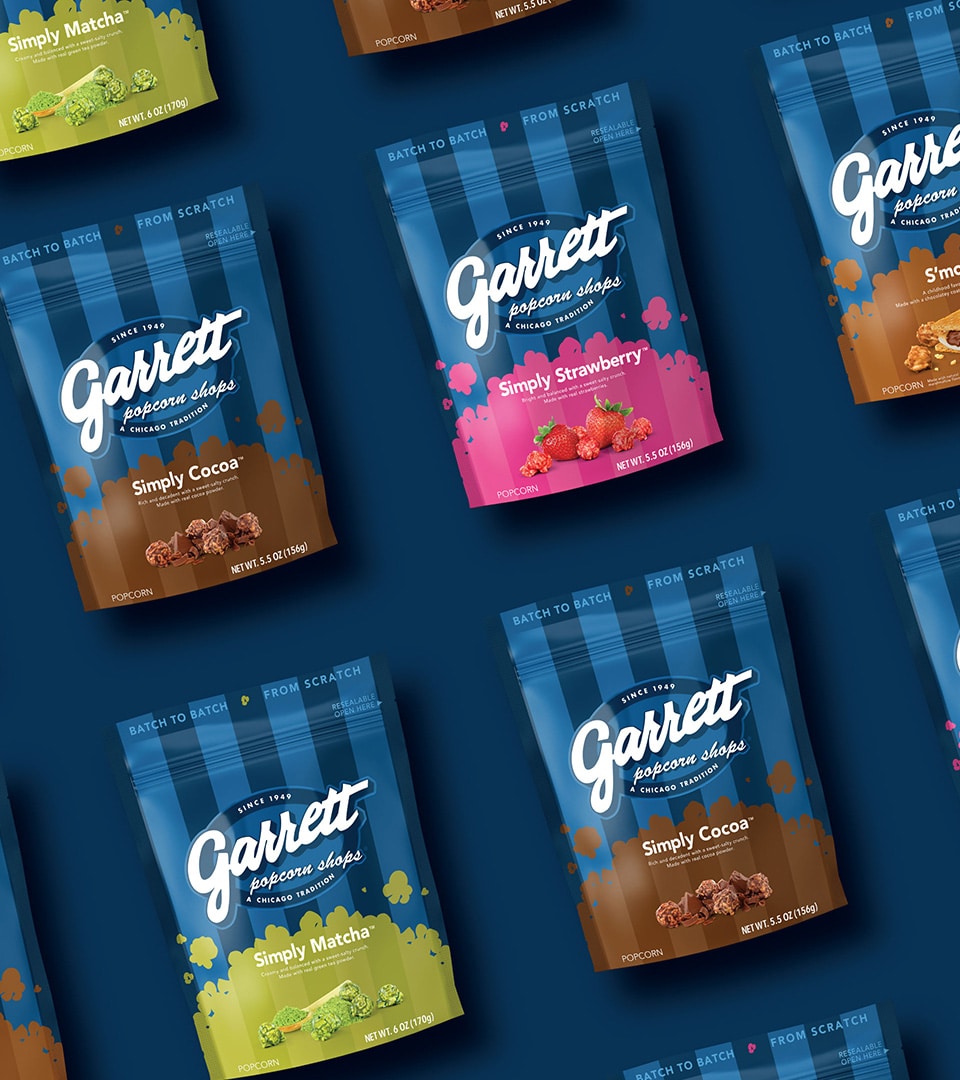 Garrett Popcorn Shops packaging design rendering by Kaleidoscope